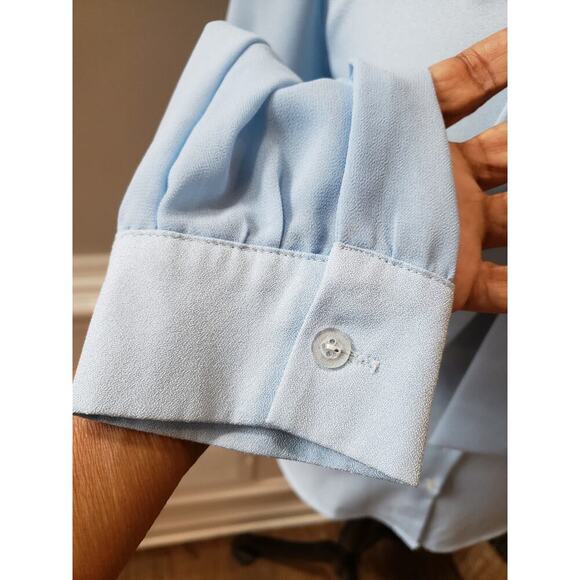 Vintage Acevog Blouse M Light Blue Bow Neck Long Sleeve Button Front Office Top - Picture 7 of 11